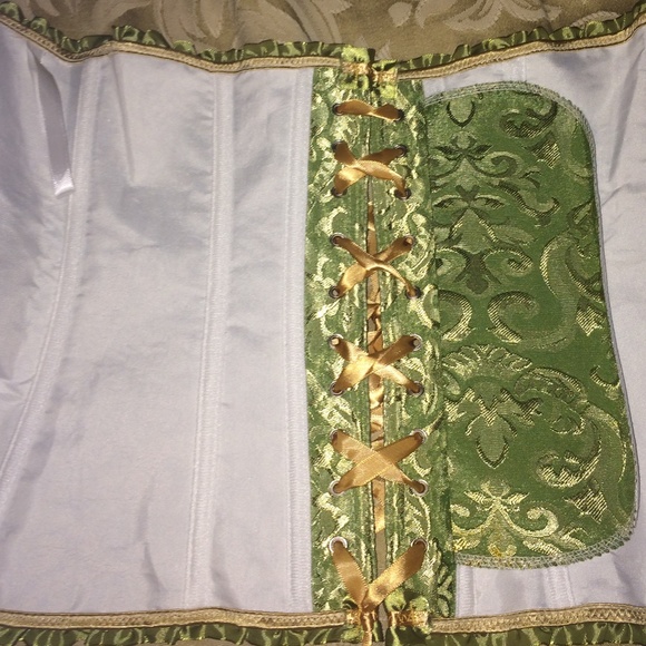 Ladies sexy cotton corset, brocade green, satin ribbons, with boning siz… - Picture 7 of 8